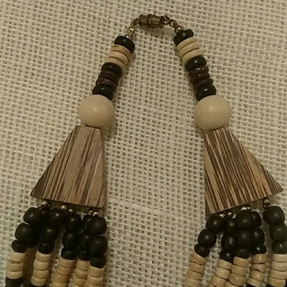 Bohemian Wood Beaded Statement Long Chunky Necklace In Brown Black And Cream OS - Picture 3 of 4
